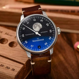 MeisterSinger Stratoscope Watch | 43mm Black | Vintage Saddle Leather Brown