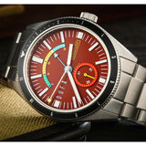 DuFa FREITAUCHER Automatic Power Reserve Watch | Red Dial Stainless Steel Band
