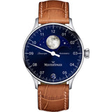 MeisterSinger Lunascope Watch | Sunburst Blue Dial / Croco Print Calf Leather Cognac