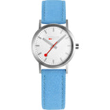 Mondaine Classic Official Swiss Railways Watch | Stainless Steel Brushed/White Dial/Aqua