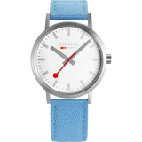 Mondaine Classic Official Swiss Railways Watch | Stainless Steel Brushed/White Dial/Aqua