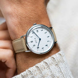 DuFa BREUER AUTOMATIC 38mm Watch | Stainless Steel White Dial Beige Band