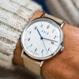 DuFa BREUER AUTOMATIC 38mm Watch | Stainless Steel White Dial Beige Band