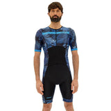 Zone3 Men's Activate Plus Tropical Palm Short Sleeve Full Zip Trisuit | Black/Blue
