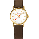 Mondaine Official Swiss Railways Watch EVO2 | Gold plated/Silver Dial/Brown Leather Strap