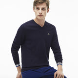 Lacoste Stripe Accented Men's V-Neck Sweater | Navy Blue