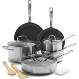 GreenPan Chatham Stainless Steel New Collection 12pc Set: 9.5" fry pan, 11" frypan, 1.5QT saucepan w/lid, 2QT saucepan w/lid, 3.58" saute pan w/lid, 6QT stock pot, 2 bamboo utensils + bonus sponge