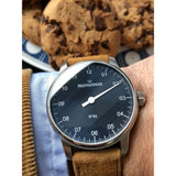 MeisterSinger N° 01 Watch | Steel Blue / Velour Suede Cognac