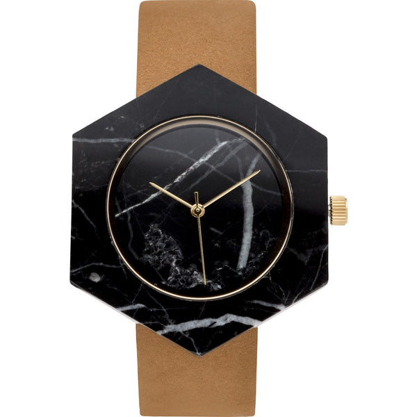 Analog Mason Genuine Black Marble Hex Watch | Tan Strap gt-bx