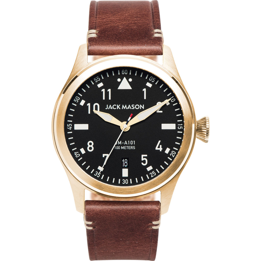Jack Mason Black Aviator 3-Hand Gold Watch 42mm Brown Leather