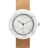 Analog Mason Genuine White Marble Circular Watch | Tan Strap st-wo