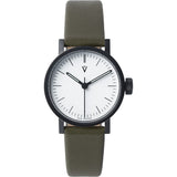 VOID Satin Black Round White Petite Watch | Olive leather V03P-BL/OL/WH