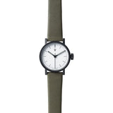 VOID Satin Black Round White Petite Watch | Olive leather V03P-BL/OL/WH