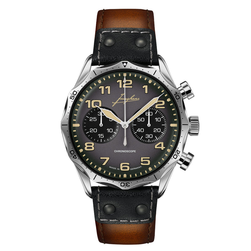 Junghans Pilot Chronoscope watch | Dark Grey / Brown