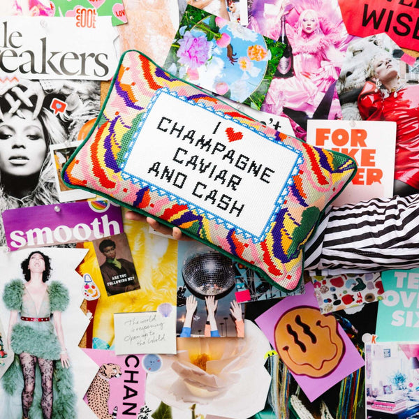 Furbish Caviar and Cash Needlepoint Pillow