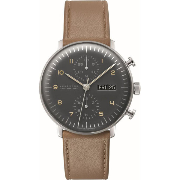 Junghans Max Bill Chronoscope Polished Anthracite-Grey Watch | Leather Strap 027/4501.05