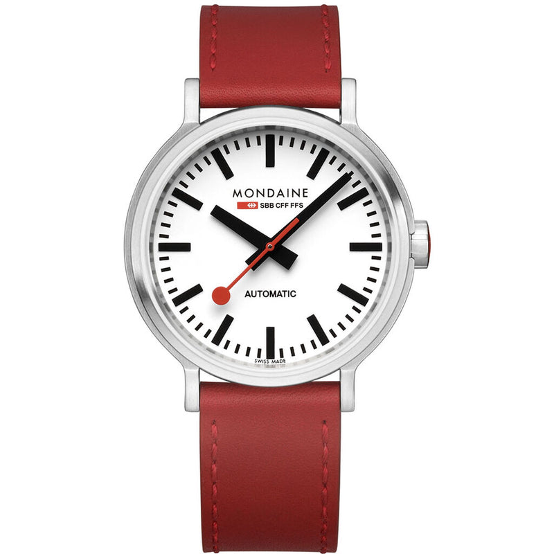 Mondaine Official Swiss Railways Automatic Backlight Watch 41 mm | Stainless Steel brushed/White Dial/Leather Strap