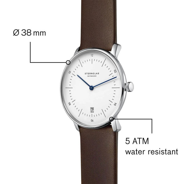 Sternglas Naos Quartz Watch Leather Strap | White Silver/Premium Darkbrown