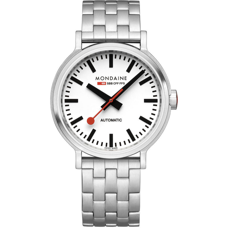 Mondaine Official Swiss Railways Automatic Backlight Watch 41 mm | Stainless Steel brushed/White Dial/Leather Strap