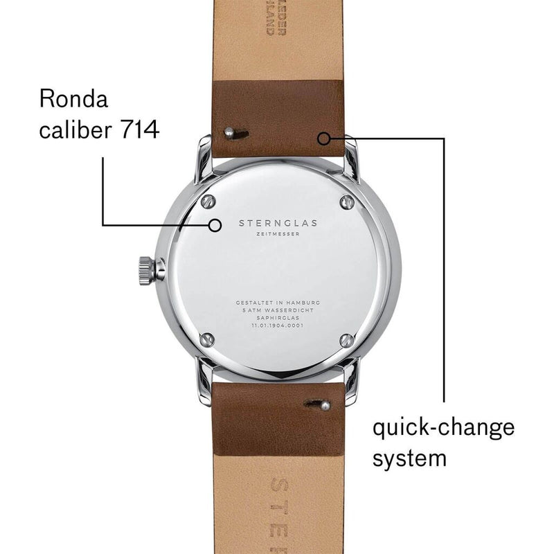 Sternglas Naos Quartz Watch Leather Strap | White Silver/Premium Darkbrown