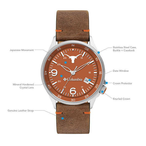 Columbia Collegiate Canyon Ridge Texas Longhorns Men's Analog Watch | Saddle Color Leather Strap
