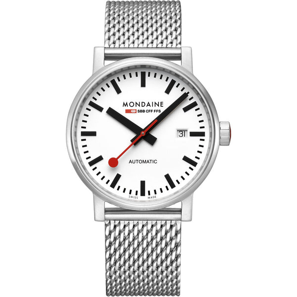 Mondaine Official Swiss Railways Automatic Watch EVO2 | Stainless Steel Brushed/White Dial/Mesh Bracelet