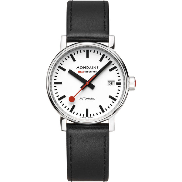 Mondaine Official Swiss Railways Automatic Watch EVO2 | White Dial/Black Leather Strap