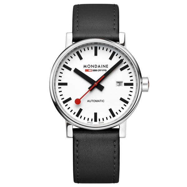Mondaine Official Swiss Railways Automatic Watch EVO2 | White Dial/Black Leather Strap