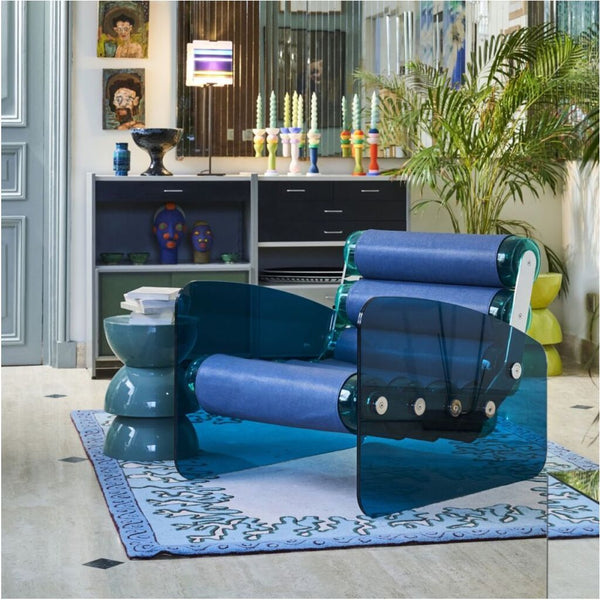 Mojow Model MW 03 Armchair with Coloured Safety Glass 116 Blue Green with Soshagro Cover Ocean