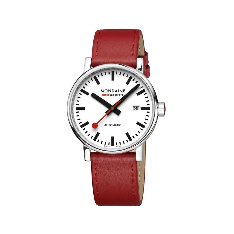 Mondaine Official Swiss Railways Automatic Watch EVO2 40 mm | White Dial/Red Leather Strap