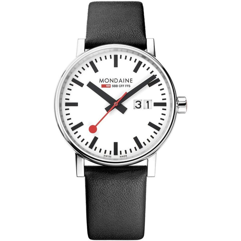 Mondaine Official Swiss Railways Watch EVO2 Pay Chip | White Dial/Black Leather Strap