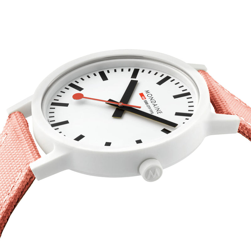 Mondaine Official Swiss Railways Watch Essence | White/White Dial/Pink Suede