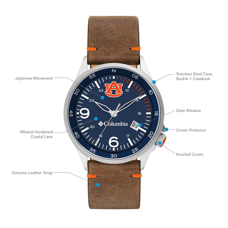 Columbia Collegiate Canyon Ridge Aubrun Tigers Men's Analog Watch | Saddle Color Leather Strap
