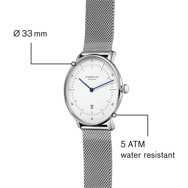 Sternglas Naos Xs Quartz Watch Metal Strap | White Silver/Milanaise Silver