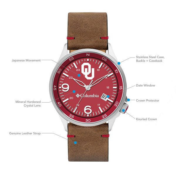 Columbia Collegiate Canyon Ridge Oklahoma Sooners Men's Analog Watch | Saddle Color Leather Strap