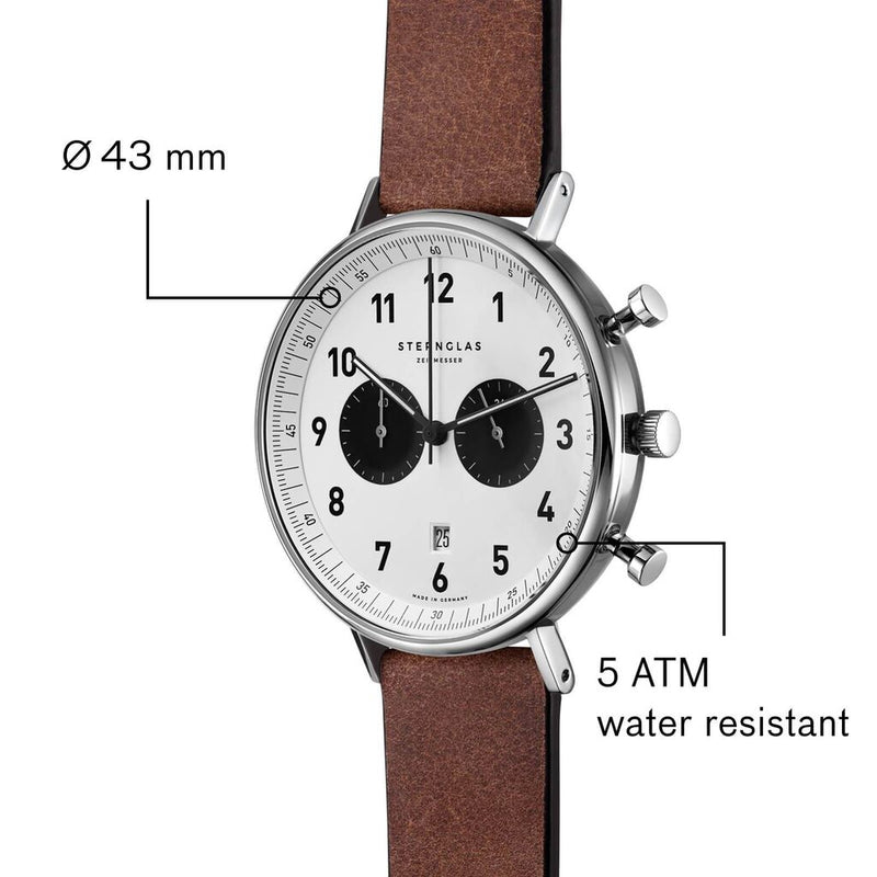 Sternglas Chrono Quartz Watch Leather Strap | White-Black Silver/Vinta ...