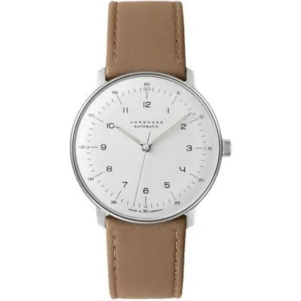 Junghans Max Bill Automatic Mens Wrist Watch - 38mm Analog Watch Cambered Sapphire Crystal Glass with Luminous Substance and Water Resistance, Beige Calf Leather Strap