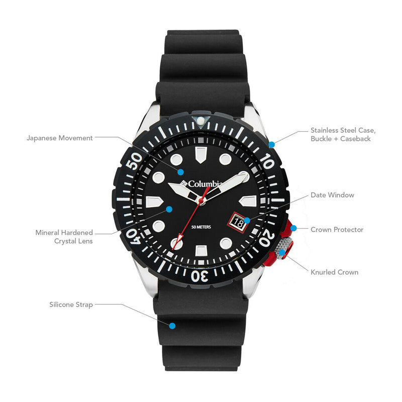 Columbia Pacific Outlander Black 3-Hand Date Men's Lifestyle Analog Watch | Black Silicone
