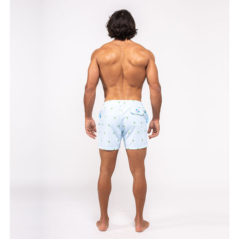 Bermies Palm Stripes Classic Swim Trunk | Light Blue