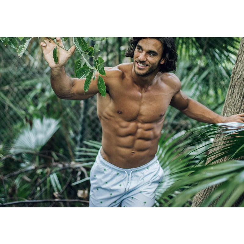 Bermies Palm Stripes Classic Swim Trunk | Light Blue