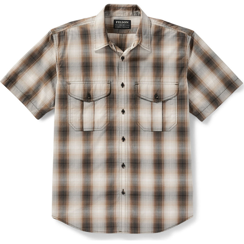 Filson Men's Short Sleeve Feather Cloth Shirt - Brown, Black Plaid