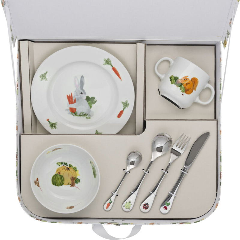 Degrenne Friends of the Garden   Suitcase Round Fruit Bowl + Round  Dessert Plate + Mug + 4 Cutlery Pieces