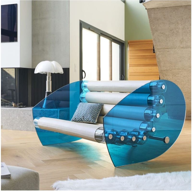 Mojow Model MW 05 Sofa with Coloured Safety Glass 116 Blue with Soshagro Cover Pearl 6036