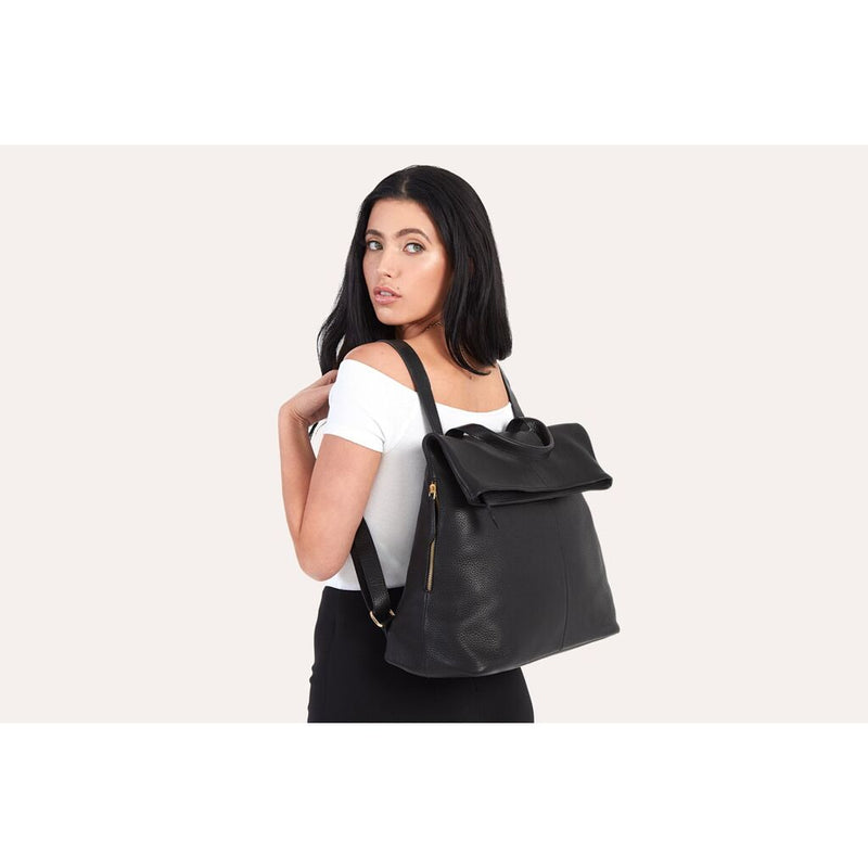 Kiko Leather Fold N Go Backpack | Black