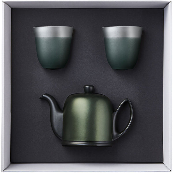 Degrenne TeaPot 4 Cups with 2 Mugs Gift Box | Black Felt Emerald Aluminium Lid