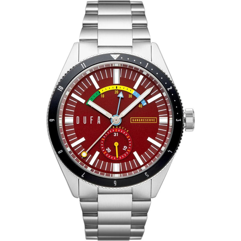 DuFa FREITAUCHER Automatic Power Reserve Watch | Red Dial Stainless Steel Band