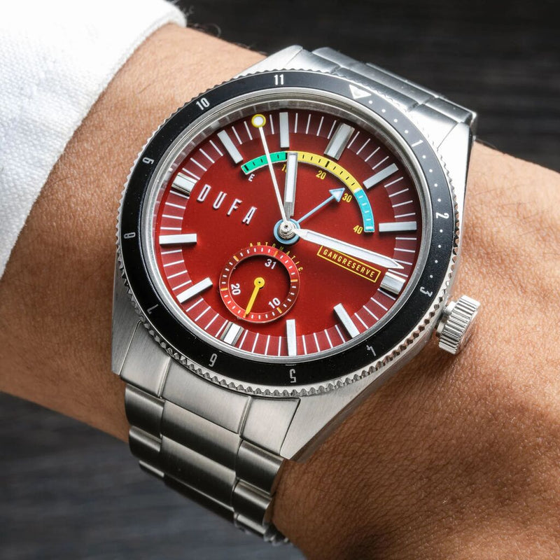 DuFa FREITAUCHER Automatic Power Reserve Watch | Red Dial Stainless Steel Band