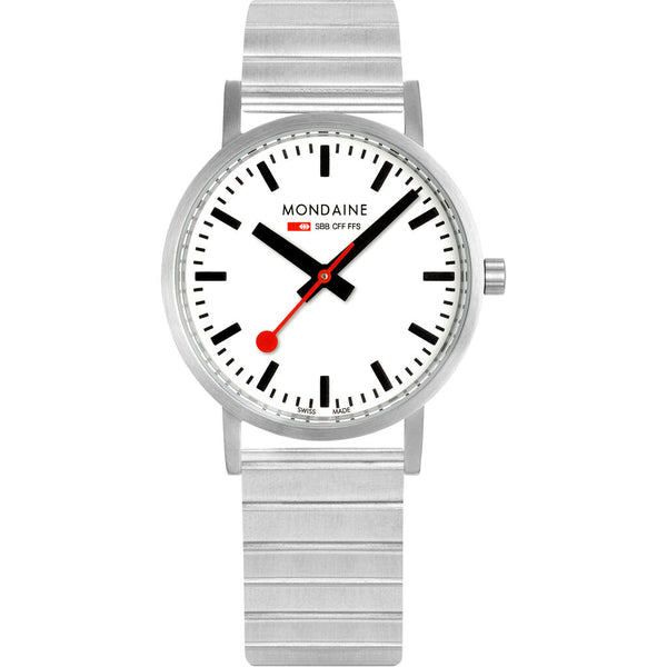 Mondaine Classic Official Swiss Railways Watch | Stainless Steel Brushed/White Dial/Metal Bracelet