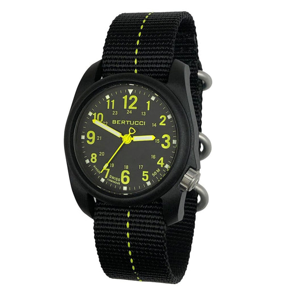 Bertucci Dx3 Plus Watch | Black with Hi-Viz™ Yellow Dial/Black Case-Black with Hi-Viz™ Yellow Dash Line™ Nylon Band