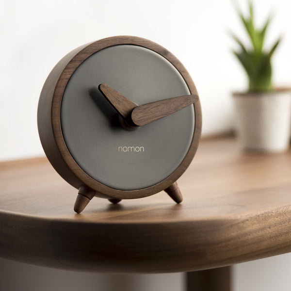 Nomon Atomo T Table Clock | Walnut/Graphite Finished Brass